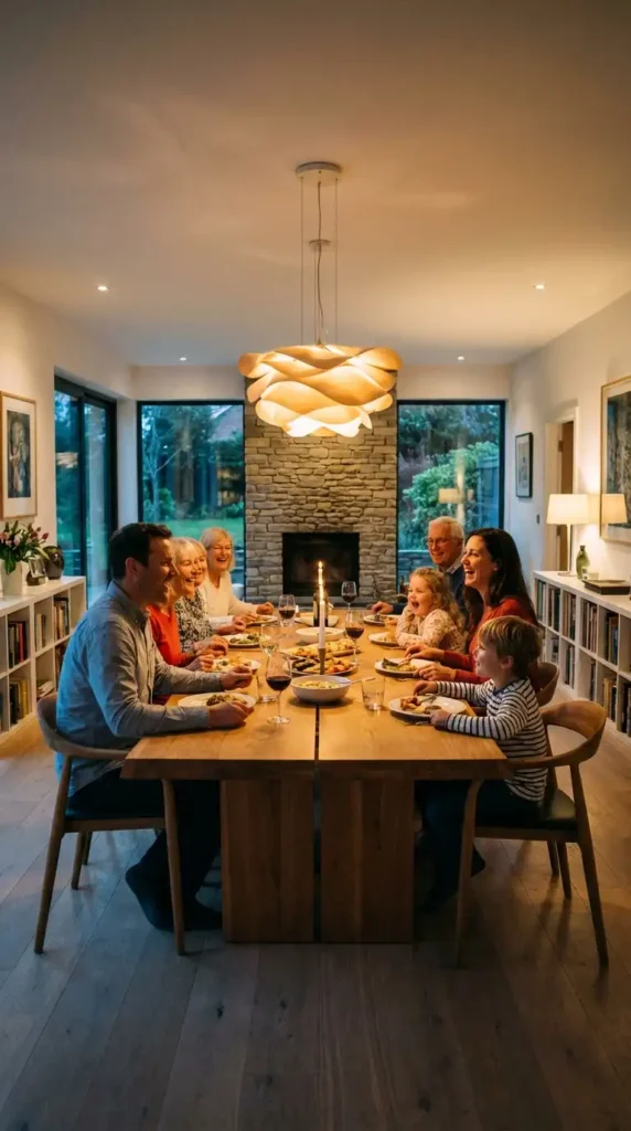 A beautiful modern dining table placed in a bright natural home interior with soft sunlight coming through large windows clean minimalist design wooden and marble textures elegant chairs perfectly styled dining setup with a vase and greenery warm neutral tones ultra realistic photography style depth of field soft shadows premium interior design magazine look vertical composition 4k high resolution bold stylish typography text in center saying modern dining table elegant modern font clean spacing subtle shadow text blending naturally with background