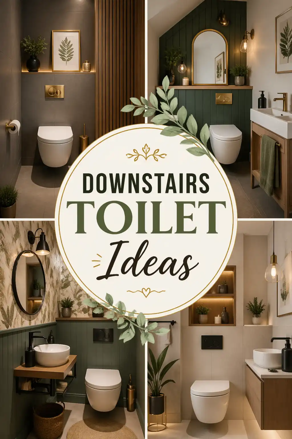 Collage of stylish downstairs toilet designs featuring modern fixtures, green accents, wood elements, plants, and decorative mirrors, with “Downstairs Toilet Ideas” text in the center.