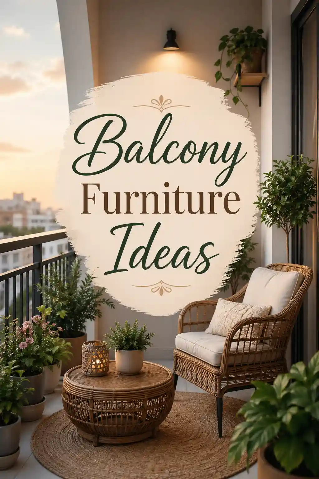 A cozy balcony with wicker furniture, a cushioned chair, round table, lantern, and potted plants at sunset. Text overlay reads “Balcony Furniture Ideas.”.