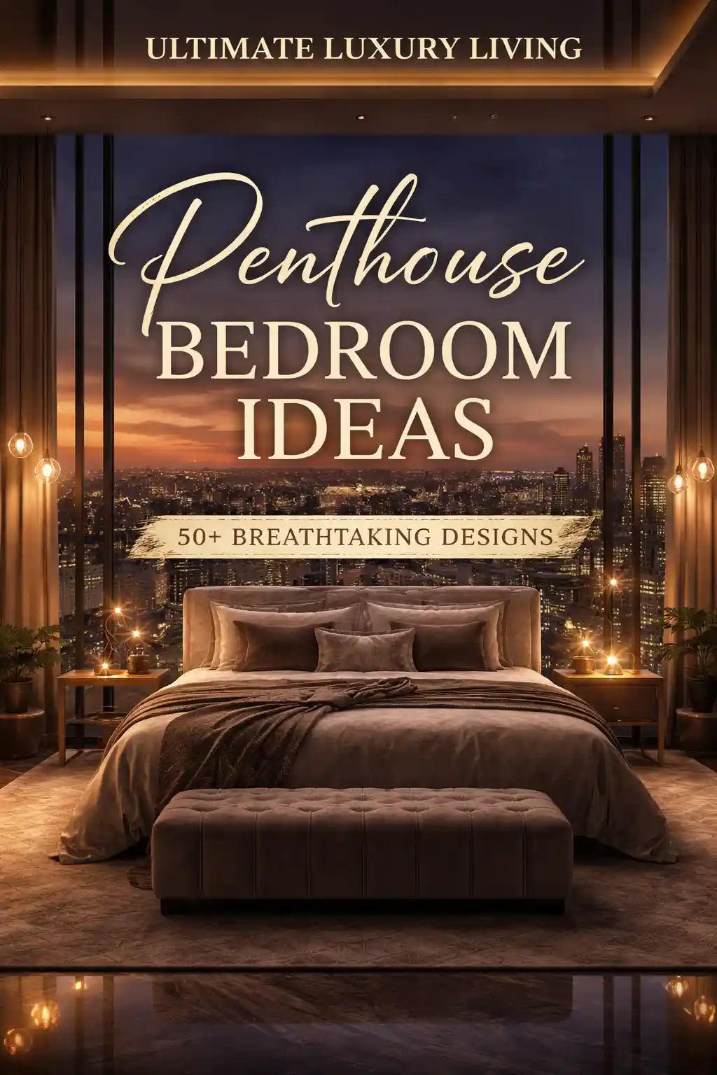 A luxurious penthouse bedroom with a large bed, plush bedding, elegant lighting, and floor-to-ceiling windows showing a city skyline at sunset. Text reads: Penthouse Bedroom Ideas - 50+ Breathtaking Designs.