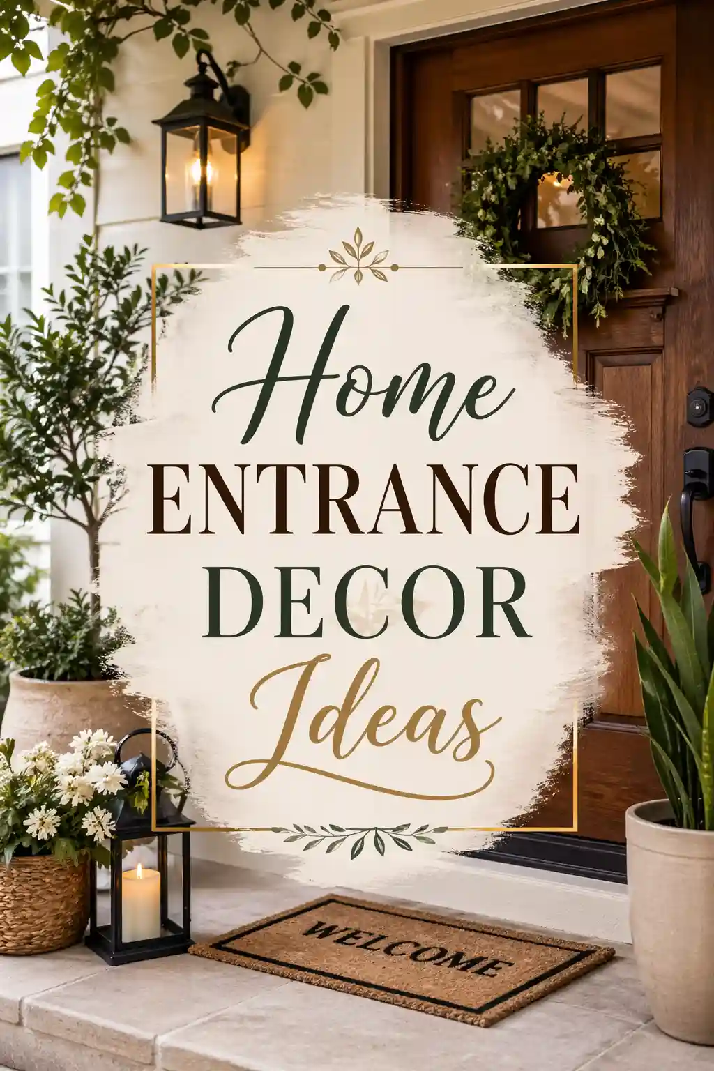 A decorative sign reads “Home entrance decor ideas” and is surrounded by plants, a lantern with a candle, a pillow, and a wooden door, creating a welcoming entryway scene.