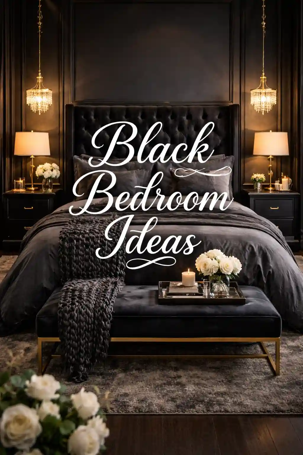 Elegant black bedroom with a tall tufted headboard, dark bedding, gold accents, matching nightstands with lamps, flowers, and chandeliers. Text overlay reads Black Bedroom Ideas.