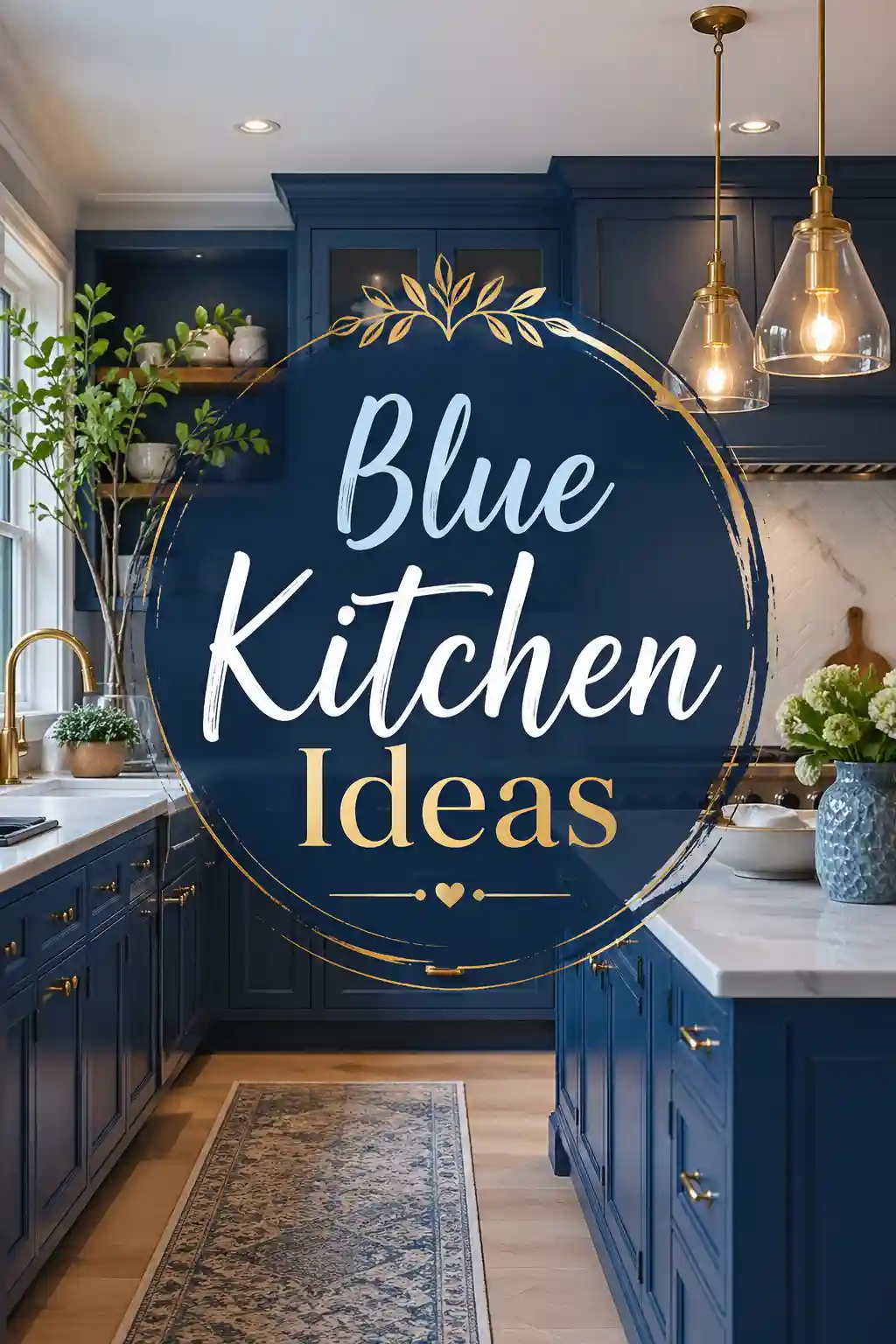 A modern kitchen with blue cabinets, gold hardware, pendant lights, white countertops, plants, and a rug. Text overlay reads Blue Kitchen Ideas in elegant script.