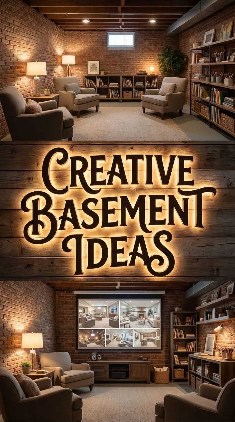 Cozy basement with brick walls, comfortable seating, bookshelves, a rug, and soft lighting. Creative Basement Ideas text is illuminated in the center. A large screen displays room designs.