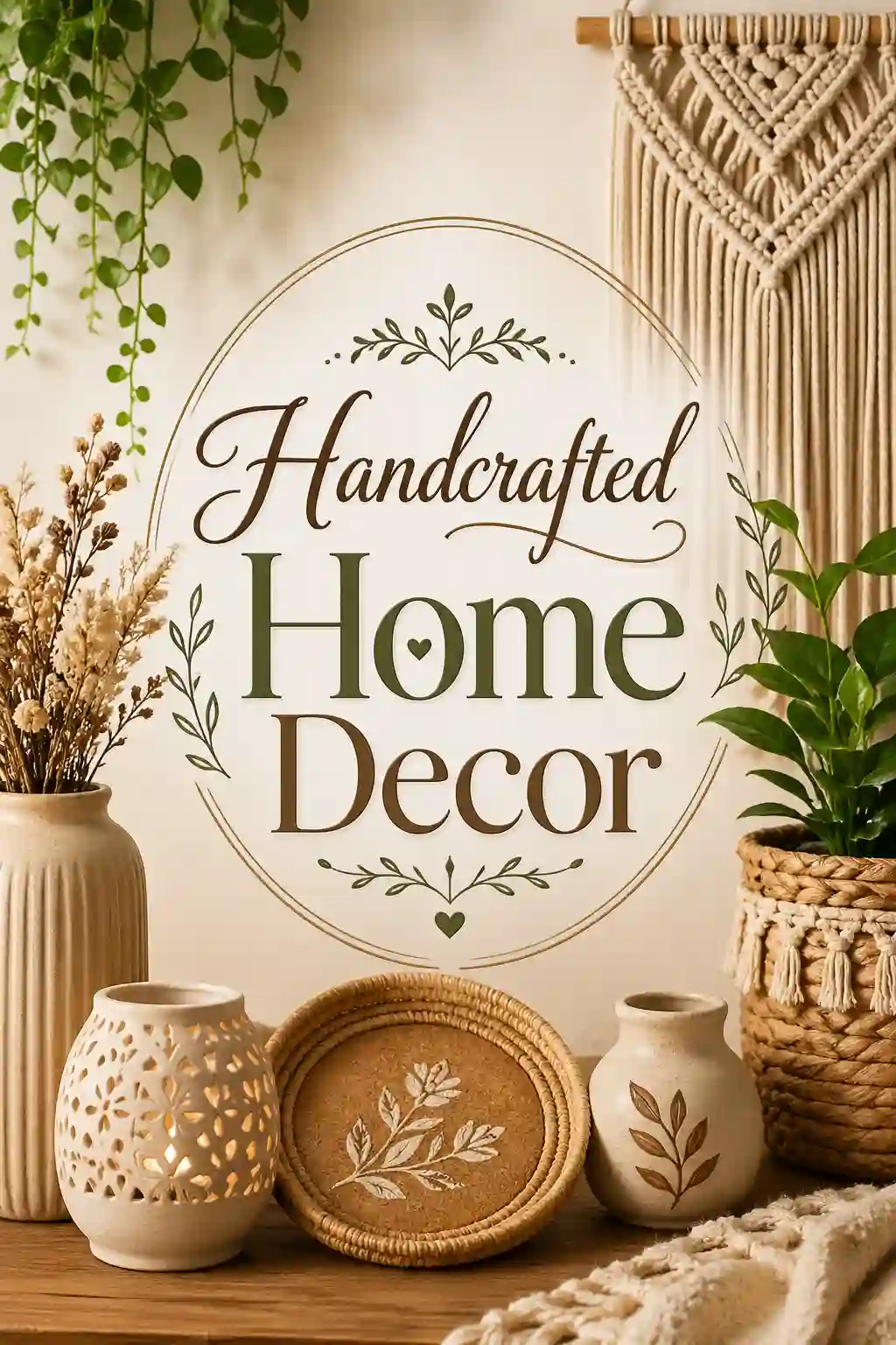 A cozy display of handcrafted home decor items including vases, a woven basket, a decorative plate, potted plants, and a macrame wall hanging, with the text “Handcrafted Home Decor” in the background.