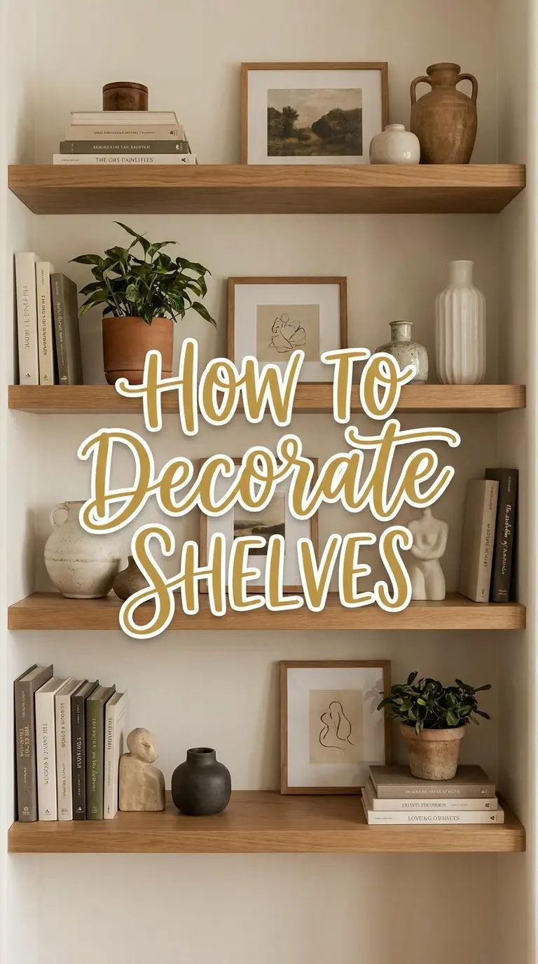 Four wooden shelves display books, potted plants, ceramics, framed art, and decorative objects against a beige wall. Text in the center reads, “How to Decorate Shelves.”.
