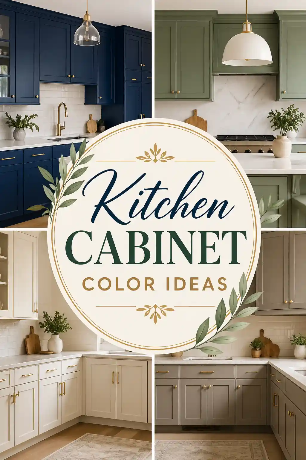 A collage shows four kitchens with different colored cabinets: navy blue, sage green, cream, and taupe. In the center is a circle with the text “Kitchen Cabinet Color Ideas” surrounded by leaf illustrations.