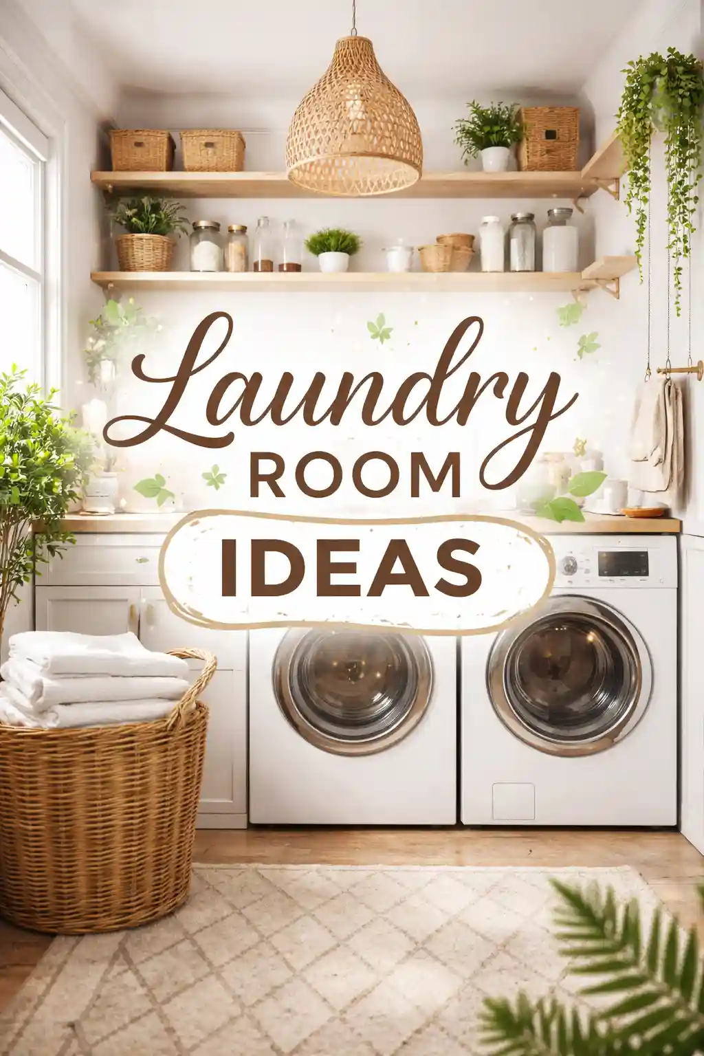 Bright, stylish laundry room with two front-loading machines, shelves with baskets and plants, wicker laundry basket with towels, and a “Laundry Room Ideas” text overlay. Natural light and cozy decor.