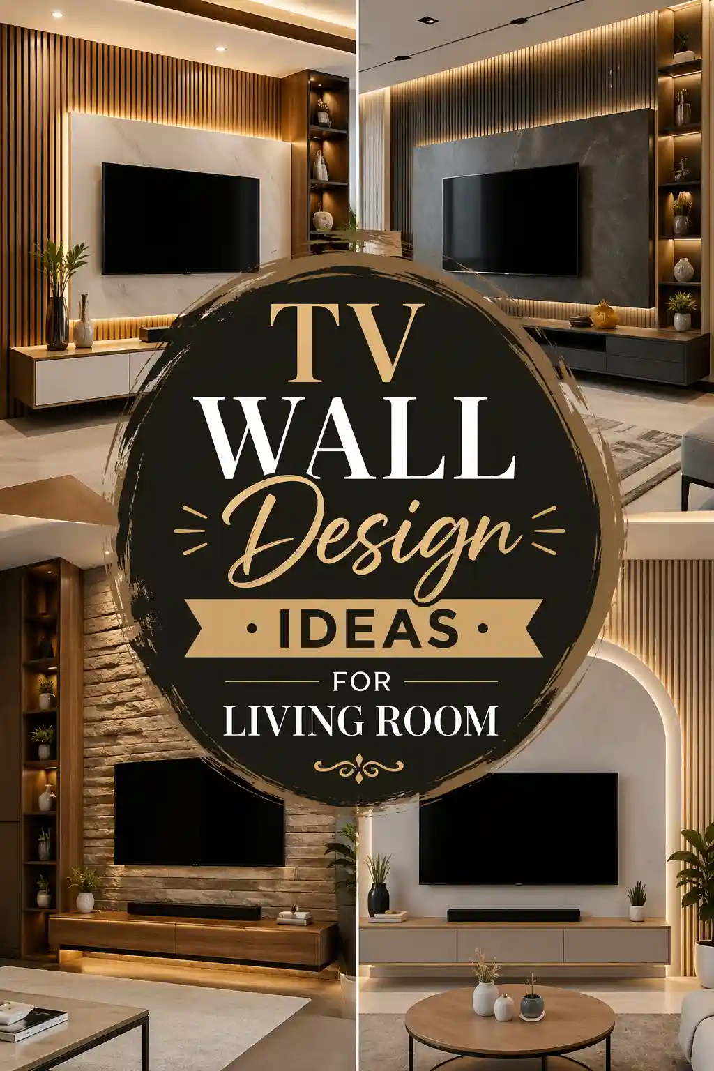 A collage of four modern living rooms with different TV wall designs, featuring wood panels, shelves, LED lighting, and decorative elements. In the center, text reads: TV Wall Design Ideas for Living Room.