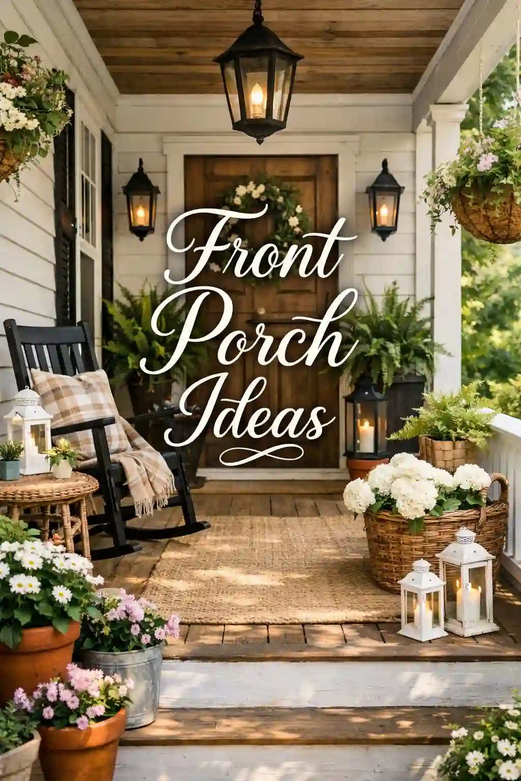 A cozy front porch with a black rocking chair, potted flowers, hanging plants, lanterns, a doormat, and a wooden door. The text Front Porch Ideas is overlaid in elegant script.