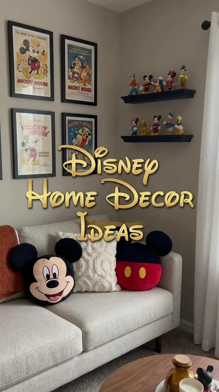 A cozy living room with Disney-themed decor, including framed Mickey Mouse posters, Disney character figurines on wall shelves, and Mickey Mouse pillows on a light-colored sofa. Text overlay reads “Disney Home Decor Ideas.”.