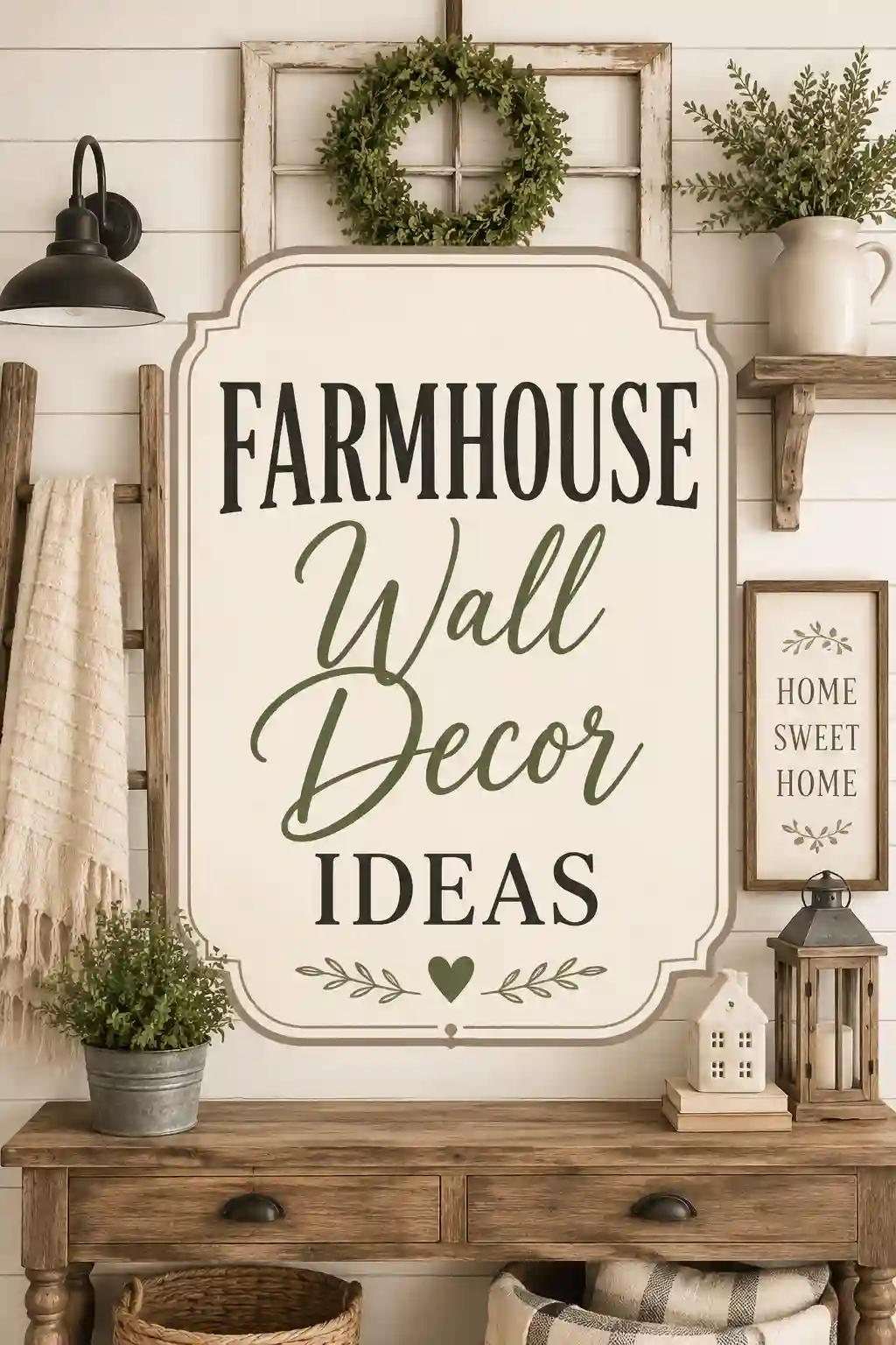 A rustic farmhouse-themed wall display with a large sign reading Farmhouse Wall Decor Ideas, surrounded by greenery, a lantern, a small house figurine, framed Home Sweet Home art, and various vintage decor items.