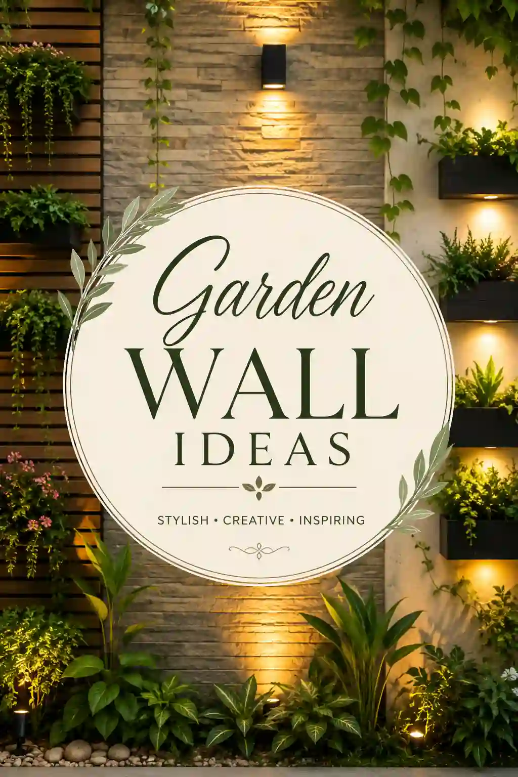 A garden wall decorated with plants and warm lights is shown behind a large circular sign that reads, Garden Wall Ideas: Stylish, Creative, Inspiring.