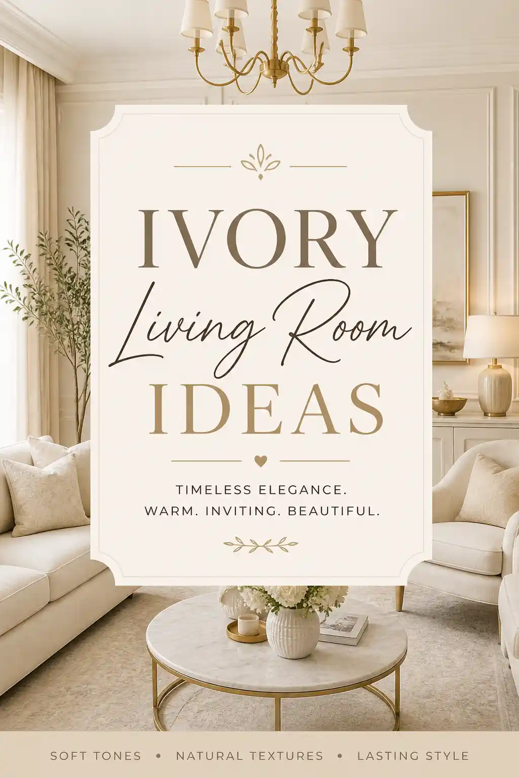 Elegant ivory-themed living room with plush sofas, round coffee table, potted flowers, soft lighting, gold chandelier, and decor accents. Text overlay reads: “Ivory Living Room Ideas—Timeless Elegance. Warm. Inviting. Beautiful.”.