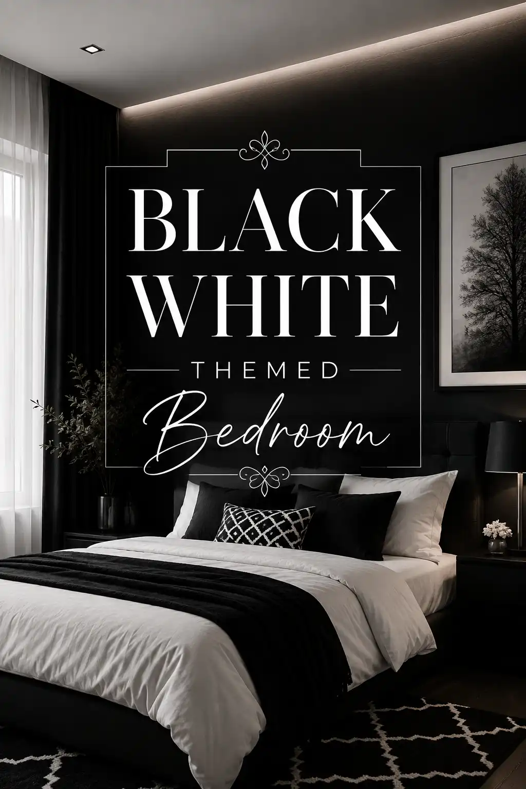 A stylish black and white themed bedroom with a bed featuring white linens and black accents, modern decor, a bedside lamp, a potted plant, a framed wall art, and large windows with sheer curtains. Text reads: Black White Themed Bedroom.