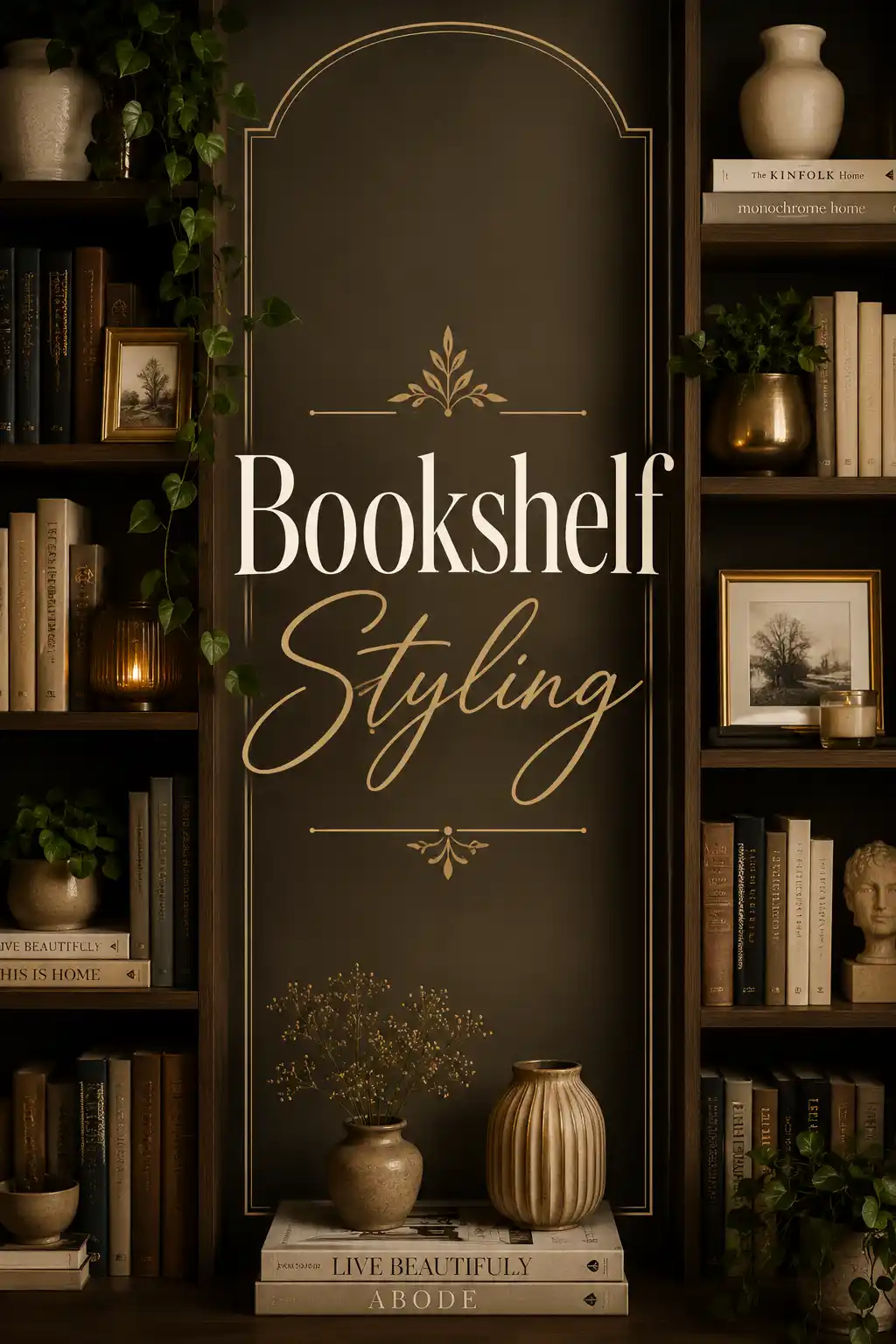 A stylish bookshelf with neatly arranged books, potted plants, framed art, candles, and decorative vases. The center panel reads Bookshelf Styling in elegant gold lettering.