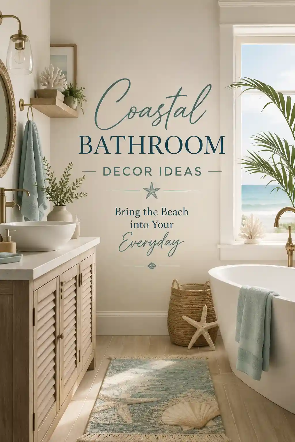 A beach-themed bathroom with a round mirror, wooden vanity, white sink, plants, bathtub, starfish, towels, and an ocean view. Text on the wall reads: Coastal Bathroom Decor Ideas. Bring the Beach into Your Everyday.