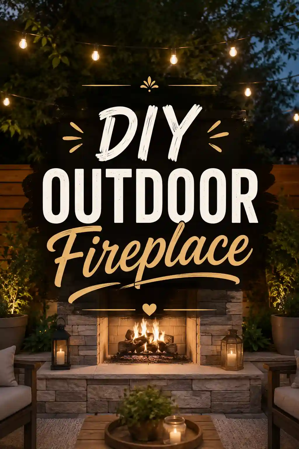 A cozy outdoor patio with a stone fireplace lit by string lights, surrounded by potted plants and lanterns. Overlaid text reads: DIY Outdoor Fireplace.