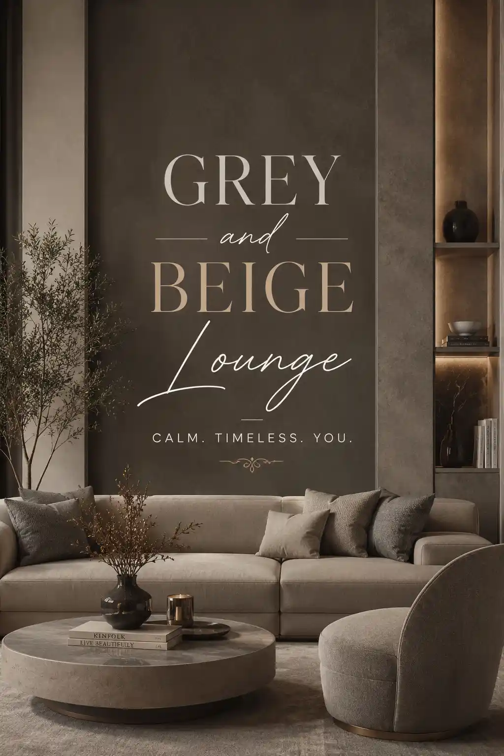 A modern living room with grey and beige decor, including a sofa, round coffee table, armchair, and built-in shelves. The wall displays the text: “Grey and Beige Lounge. Calm. Timeless. You.”.