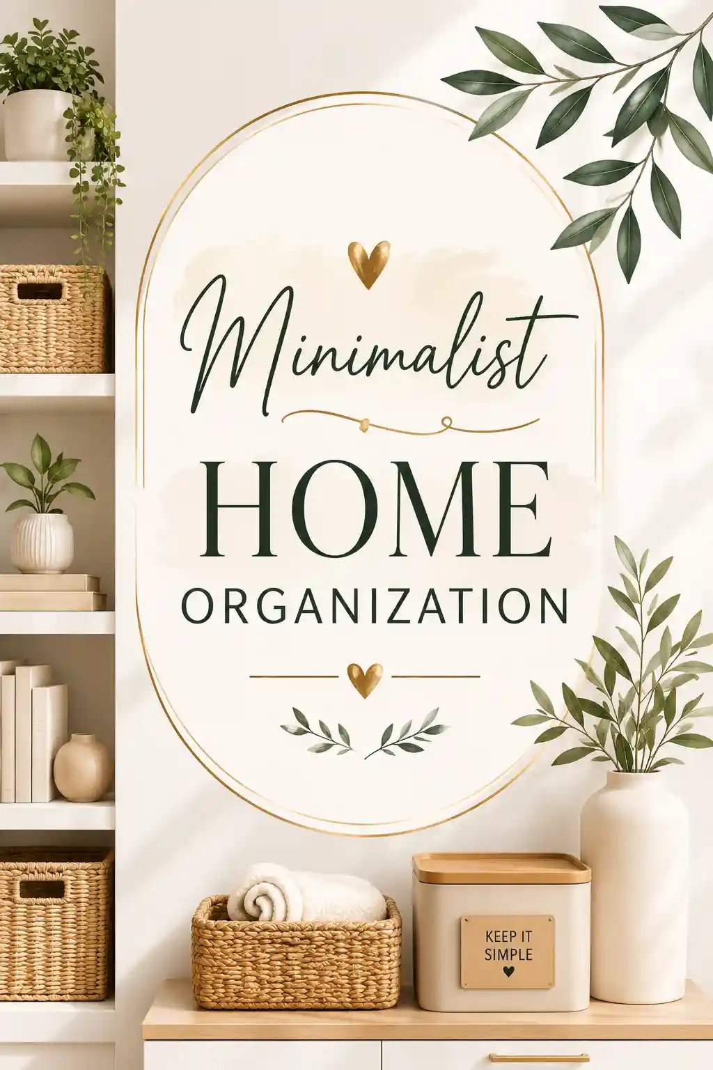 A neatly organized shelf with woven baskets, folded towels, and storage containers sits next to a wall sign that reads Minimalist Home Organization with leafy and gold heart decorations.
