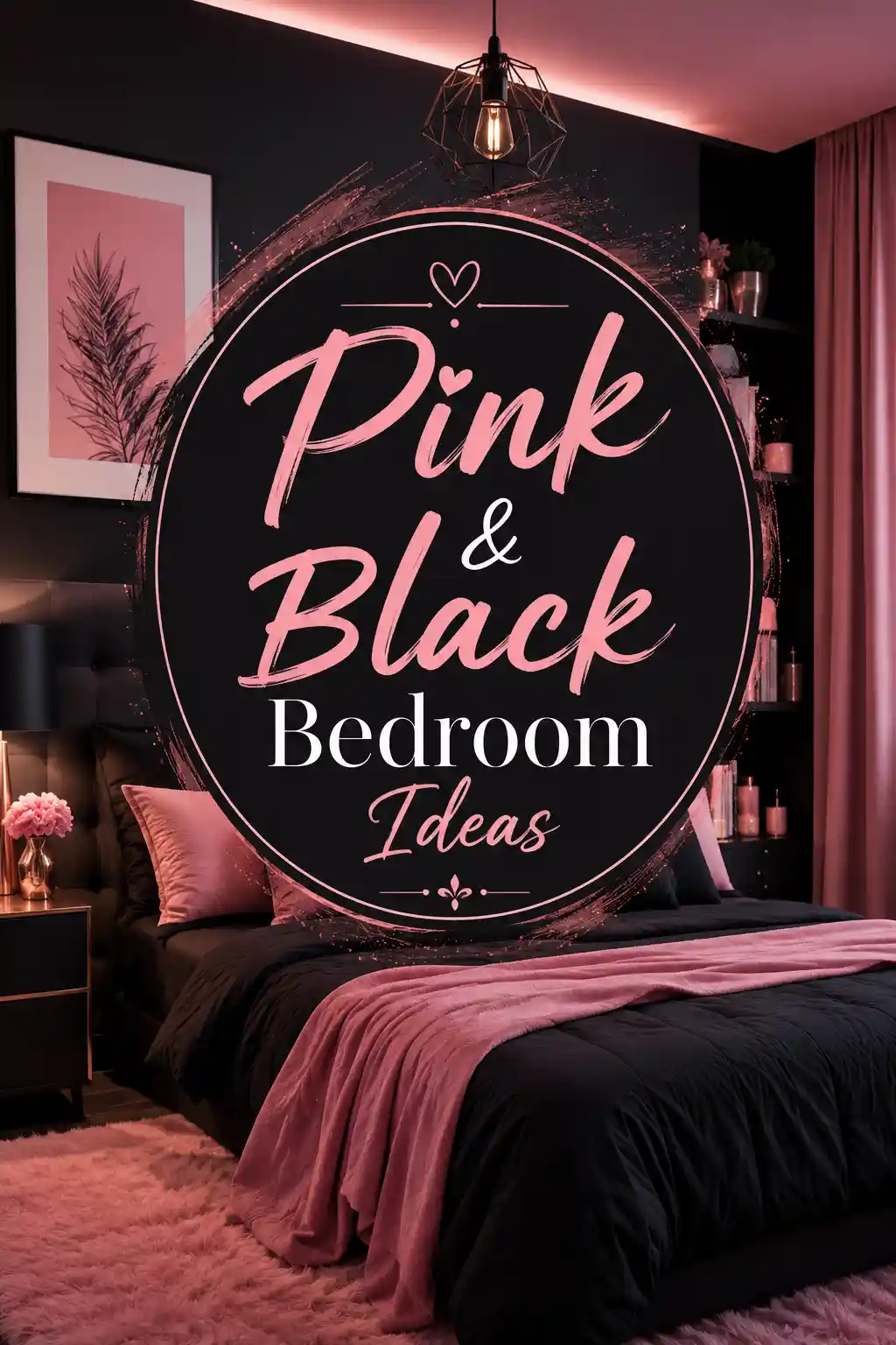 A stylish bedroom with black walls, pink bedding, and pink accents. A large circle in the center reads “Pink & Black Bedroom Ideas” in elegant fonts. The room is softly lit, creating a cozy atmosphere.