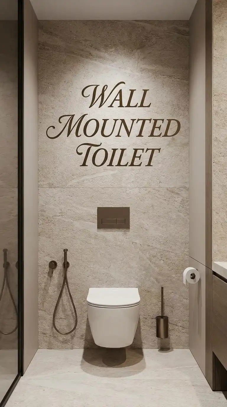 A modern bathroom with a wall-mounted toilet, bidet spray, toilet paper holder, and brush, featuring large text on the wall that reads “Wall Mounted Toilet.”.