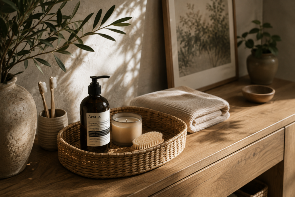 Japandi bathroom styling with woven tray, folded linen towels, ceramic toothbrush holder, candle, and natural wood vanity.