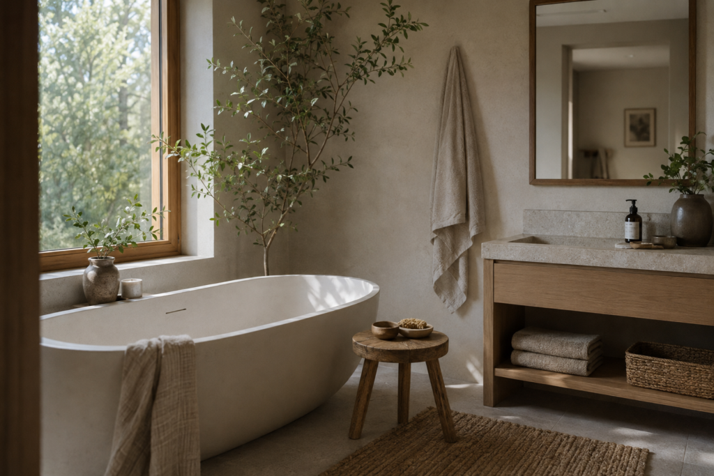 Warm Japandi bathroom with a freestanding bathtub, oak vanity, stone countertop, and soft natural light.