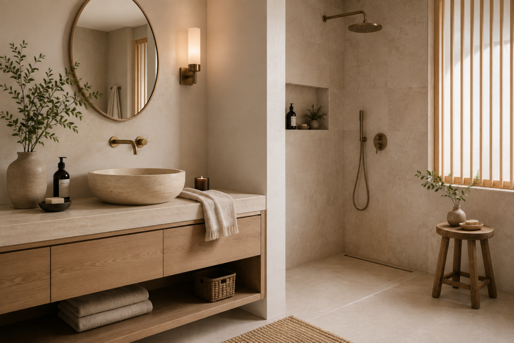 Japandi bathroom featuring a floating oak vanity, stone vessel sink, walk-in shower, warm neutral tones, and soft natural light.