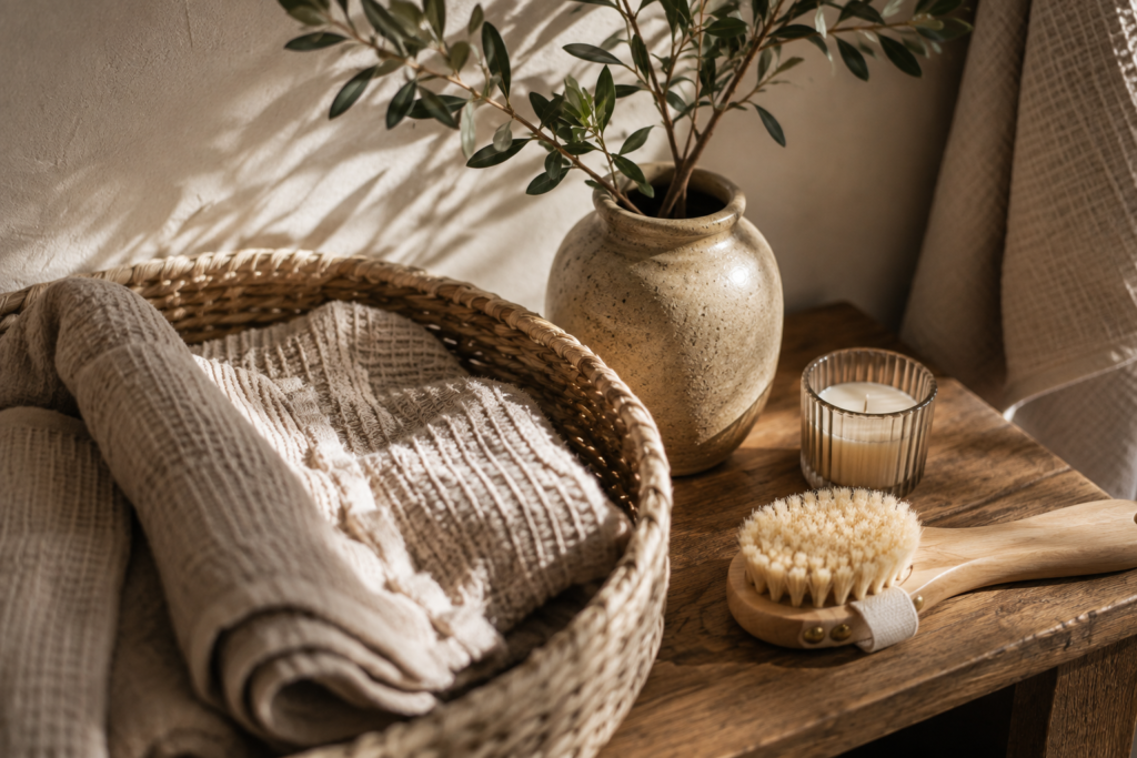 Japandi bathroom styling with woven tray, folded linen towels, ceramic toothbrush holder, candle, and natural wood vanity.
