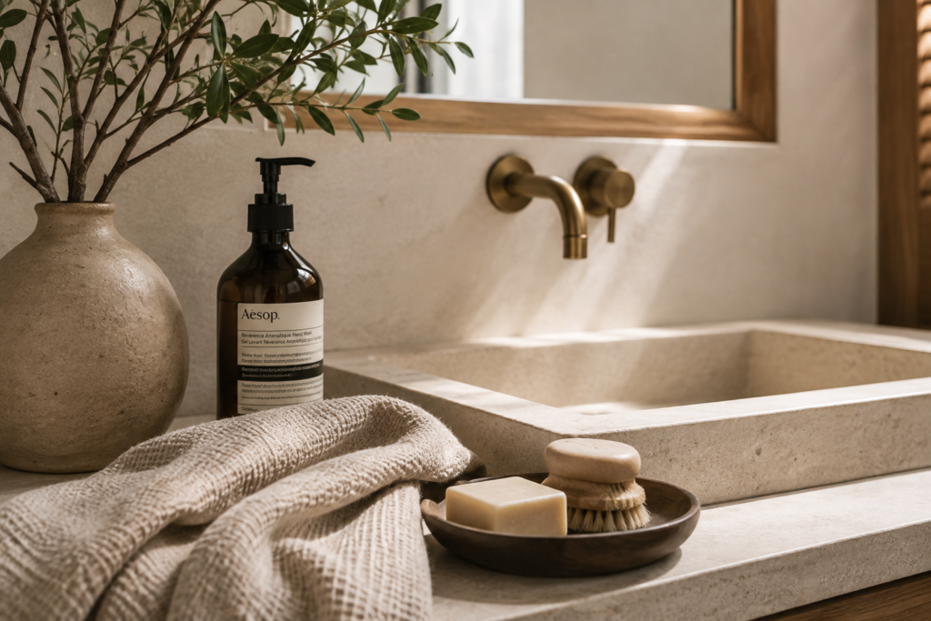 Textured beige towel beside a stone bathroom sink with a brass faucet, ceramic vase, soap dispenser, and wooden bath accessories.