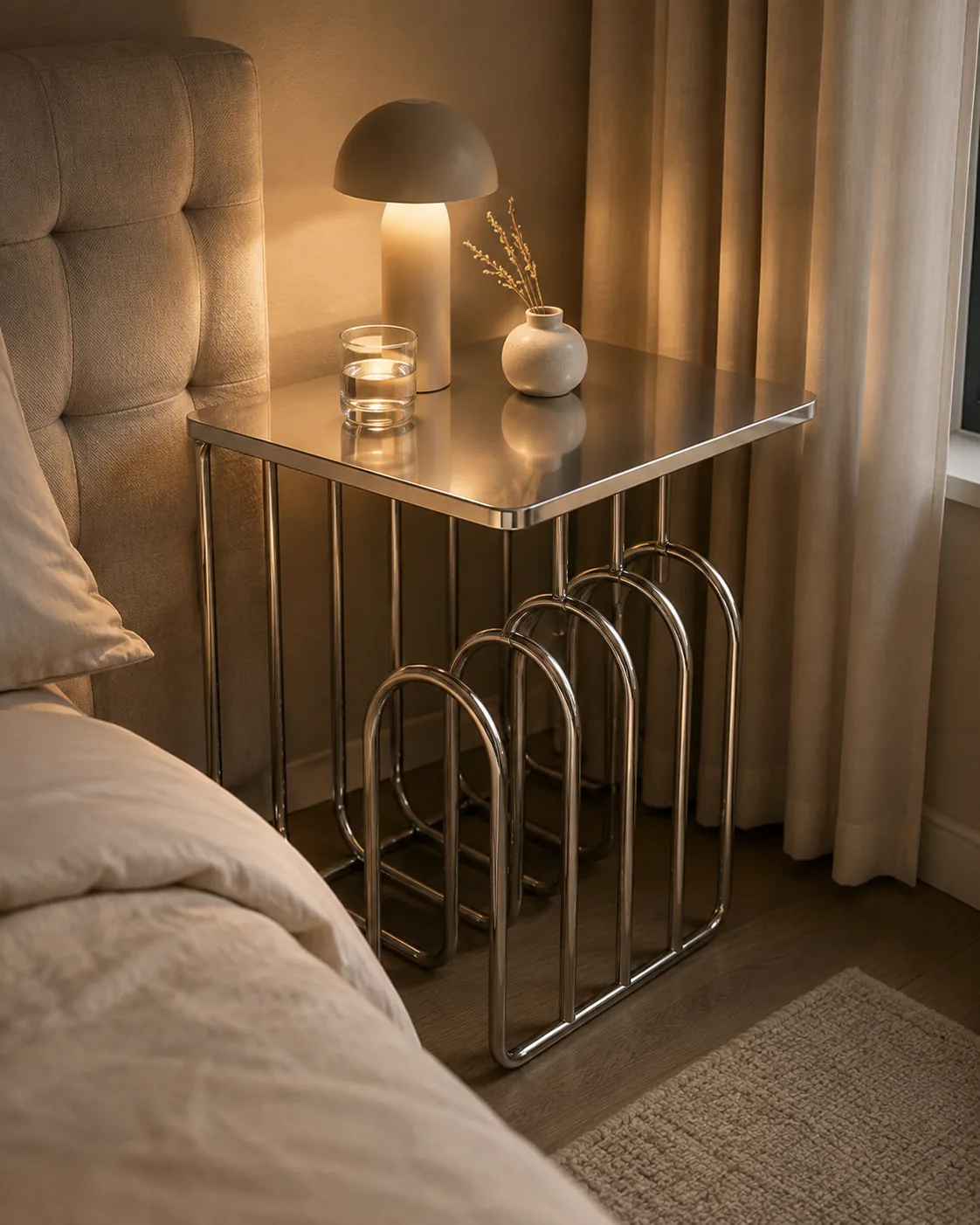 Chrome tubular bedside table styled beside a soft upholstered bed
