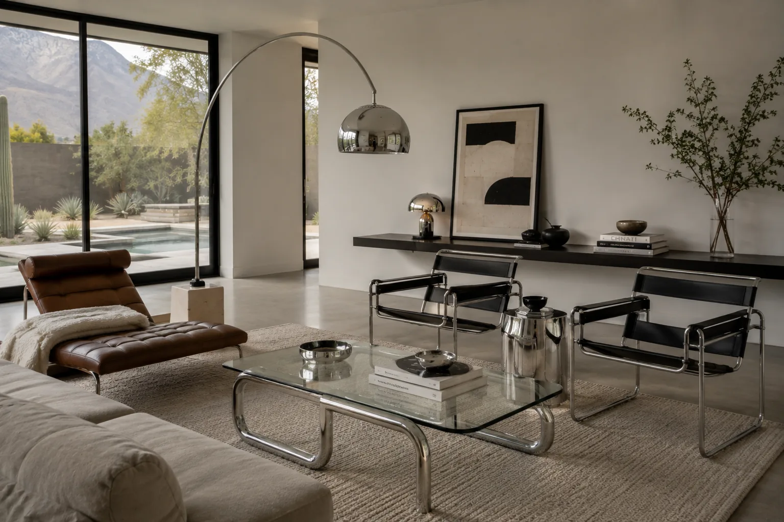 Minimal modern living room with chrome furniture and warm leather