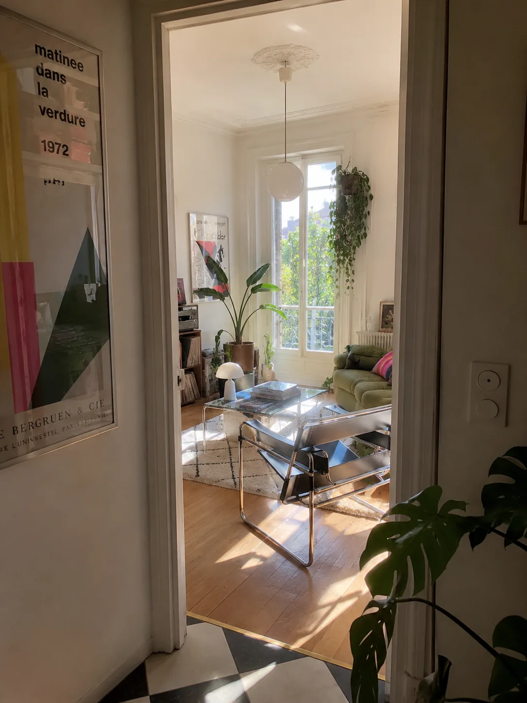 Sunlit lived-in apartment with chrome chair, greenery and warm wood floors