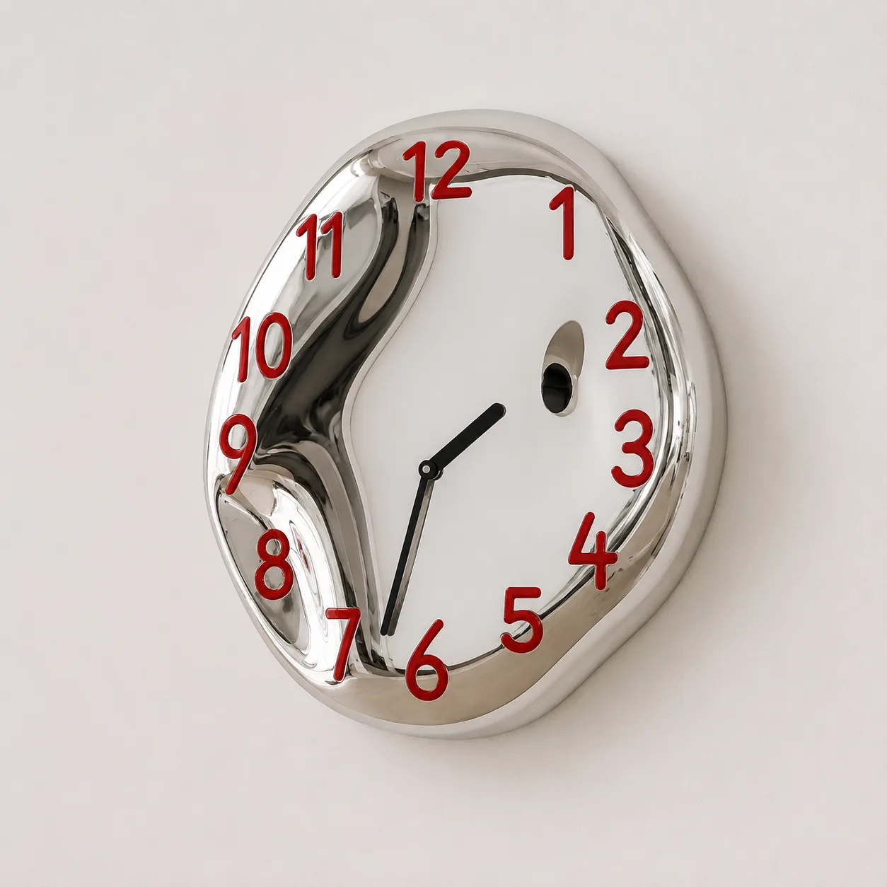 Irregular melted chrome wall clock with red numbers