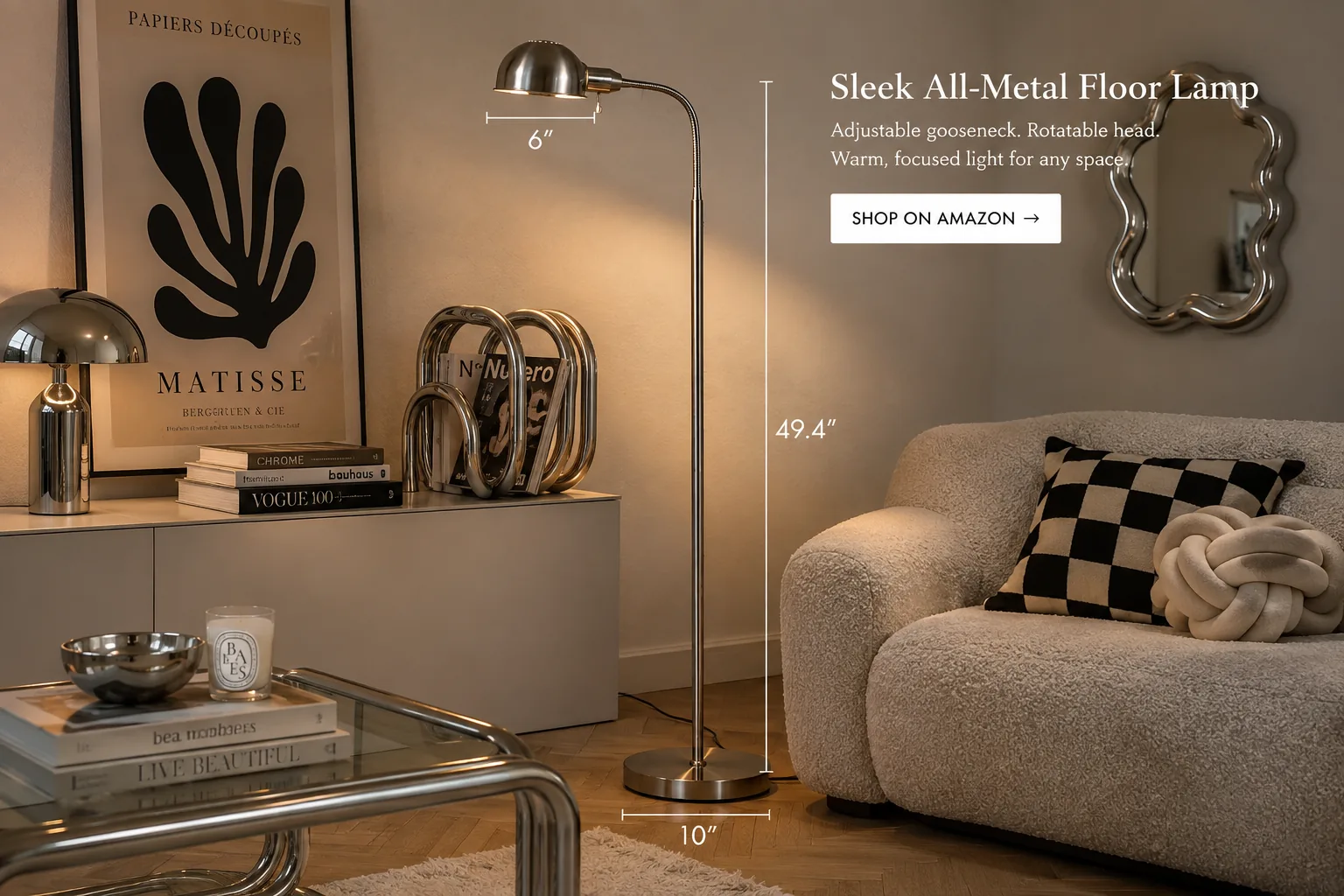Adjustable chrome floor lamp styled in a warm living room