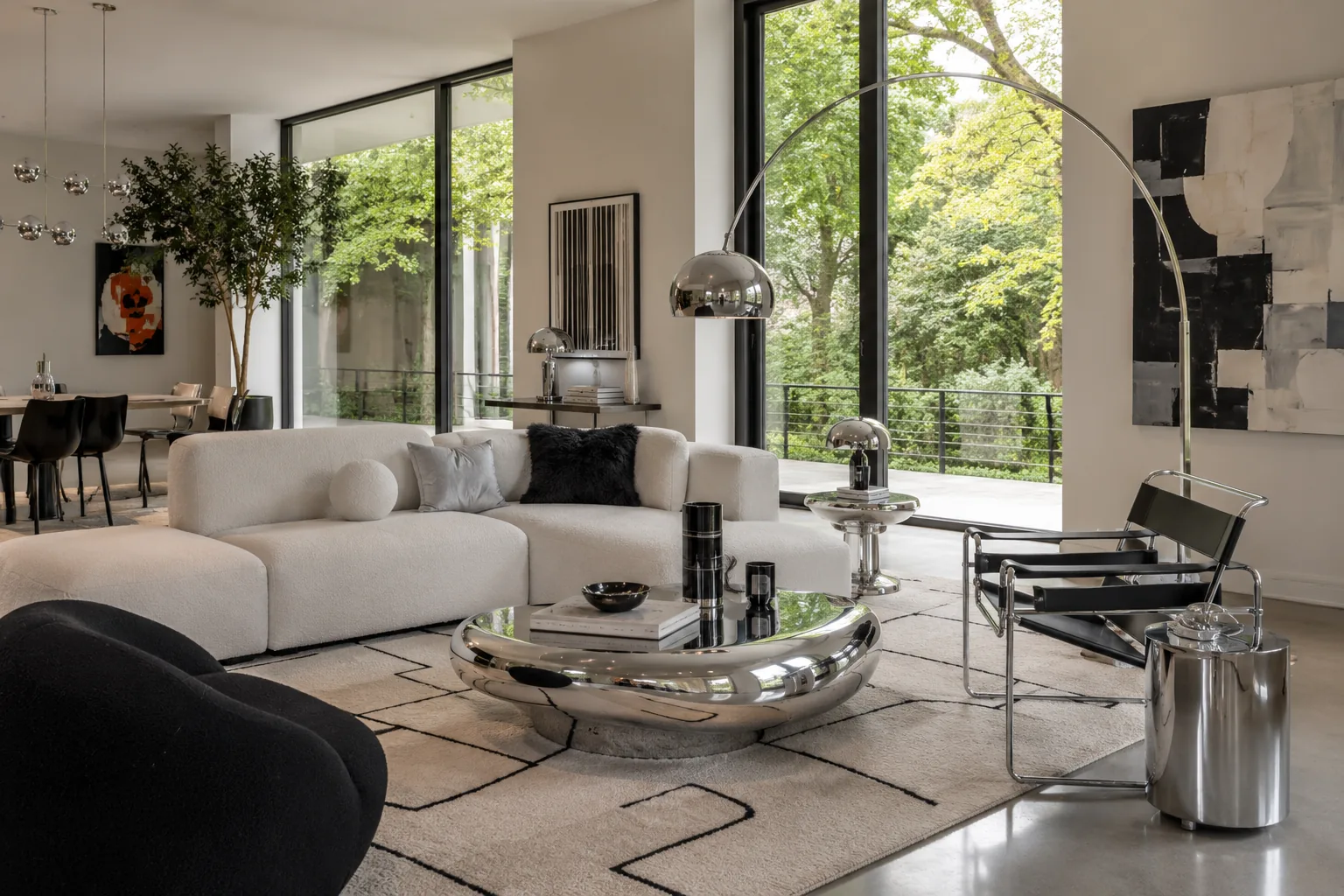 Modern living room with sculptural chrome furniture