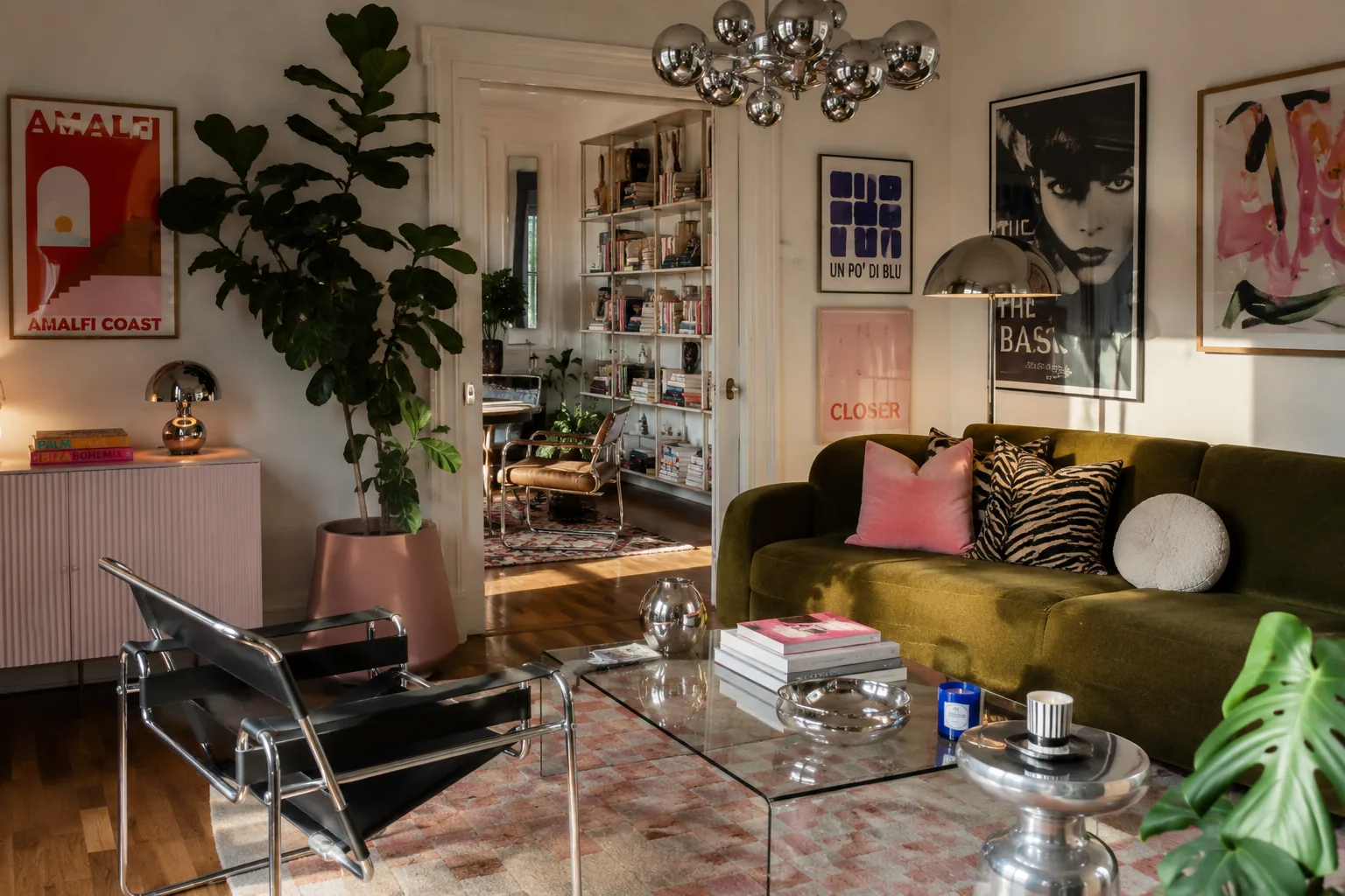Eclectic living room mixing chrome furniture with warm color and greenery