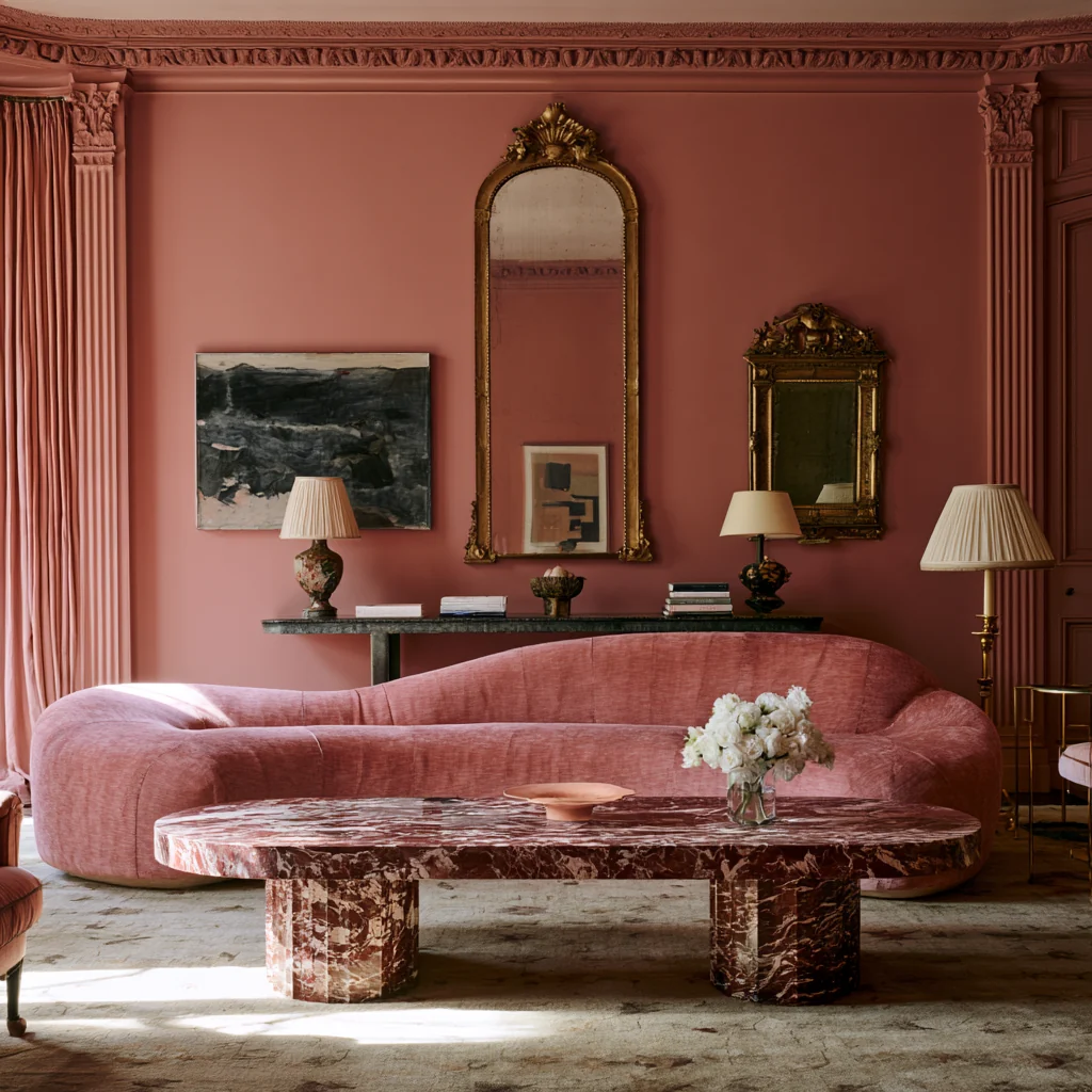 Anti-minimalism decor in a pink living room with a curved sofa, marble coffee table and vintage gold mirrors.