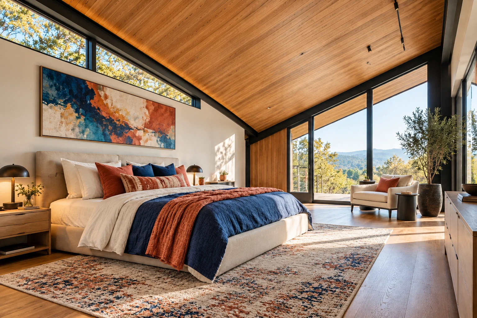 Modern bedroom beneath a dramatic angled ceiling, with a low bed and large windows.