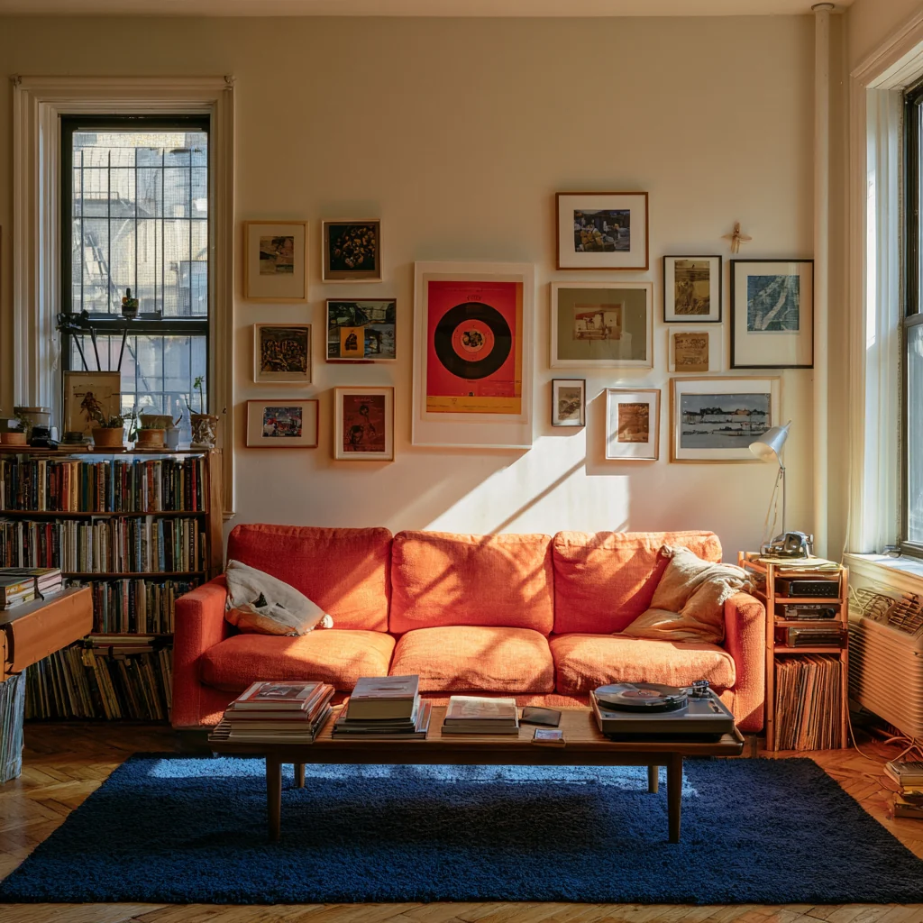 Lived-in apartment with a coral sofa, gallery wall, books and a blue rug.