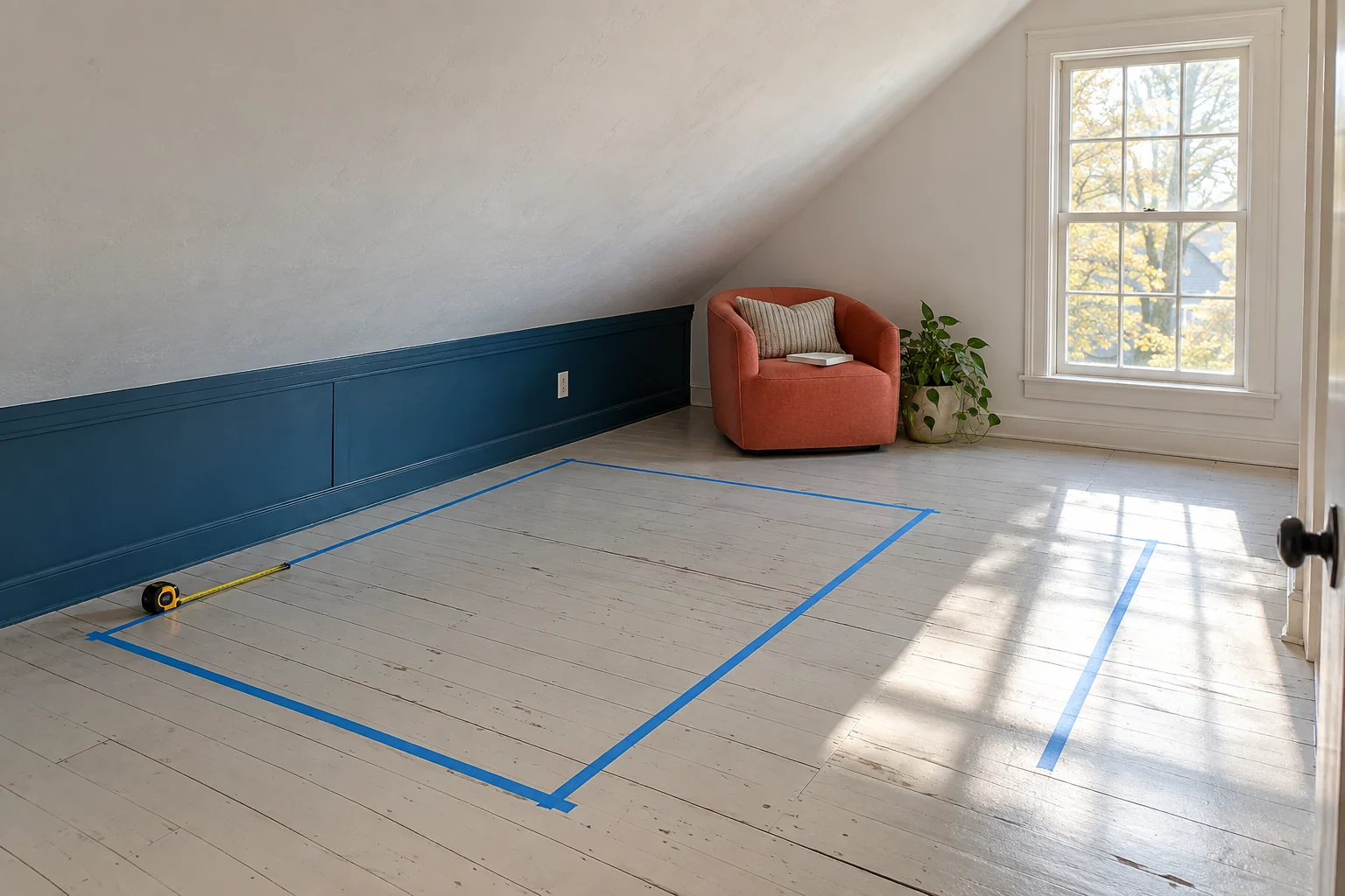 Blue painter’s tape marks a proposed bed footprint and walking path in a room with a sloped ceiling.