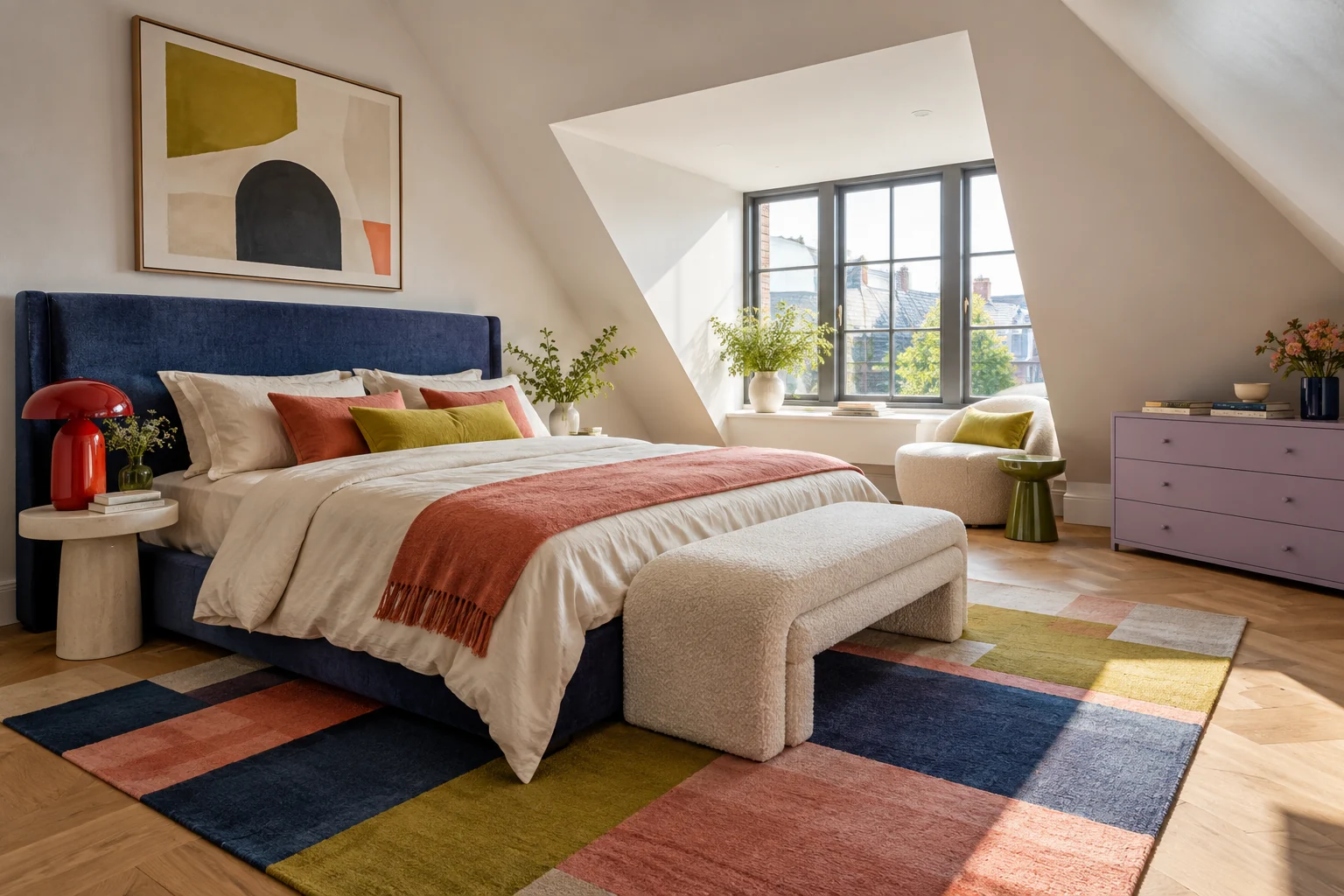 Attic bedroom with a navy headboard, layered bedding, colorful geometric rug, and window beneath the slope.