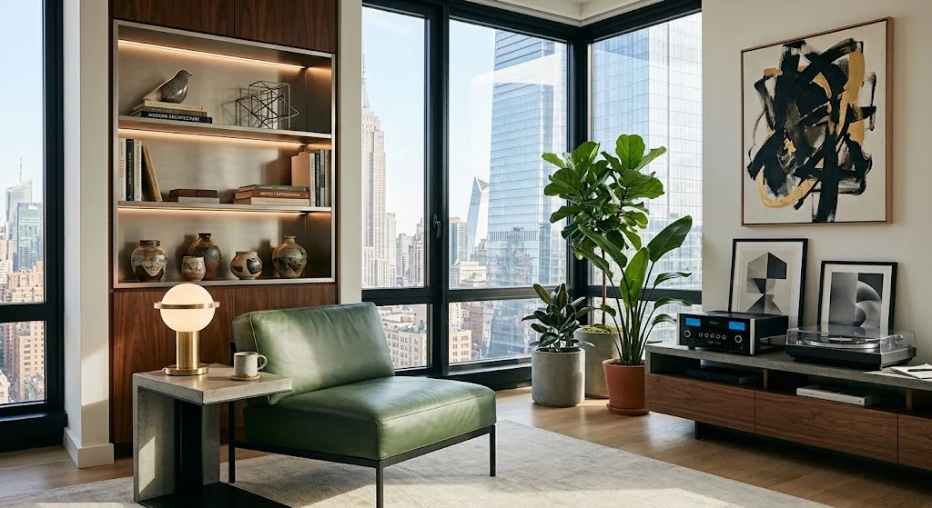 Bright city apartment with a green chaise, art and books beside large windows.
