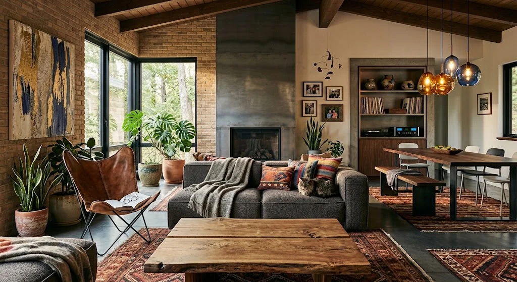 Eclectic loft living room with a large sofa, vintage rugs and collected art.