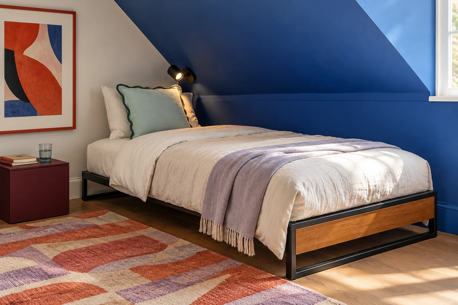 Low platform bed under a cobalt blue sloped ceiling with a bedside reading light and patterned rug.