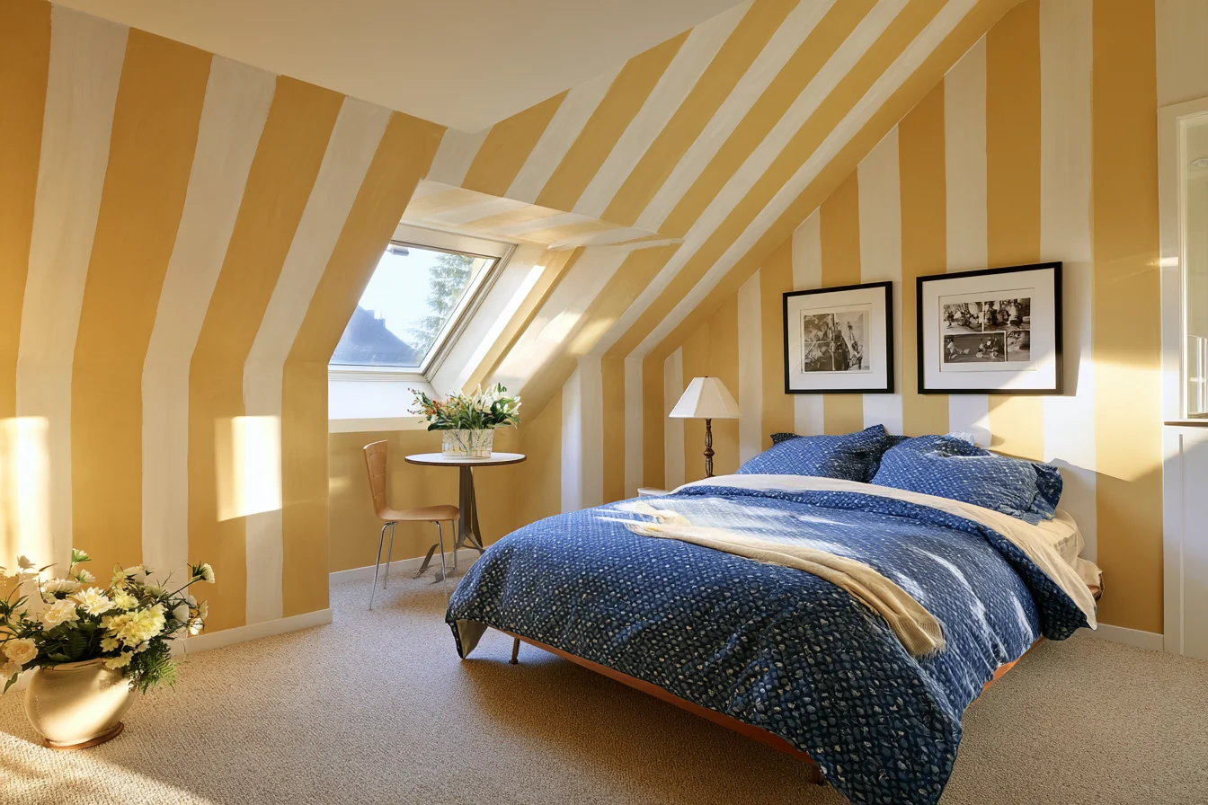 Bright attic bedroom with yellow and cream stripes following the angled ceiling and a bed near the end wall.