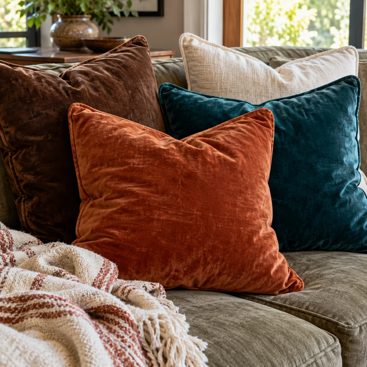 Rust, teal and cream pillows layered on a relaxed sofa with a knit throw.
