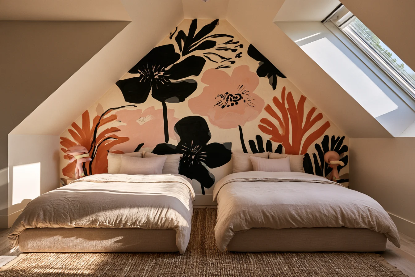Two low guest beds beneath sloped ceilings with a bold floral mural on the end wall.