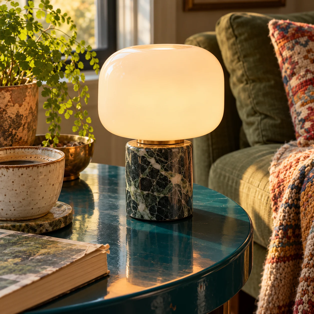 Glowing glass-shade lamp with a dark marble base on a teal side table.
